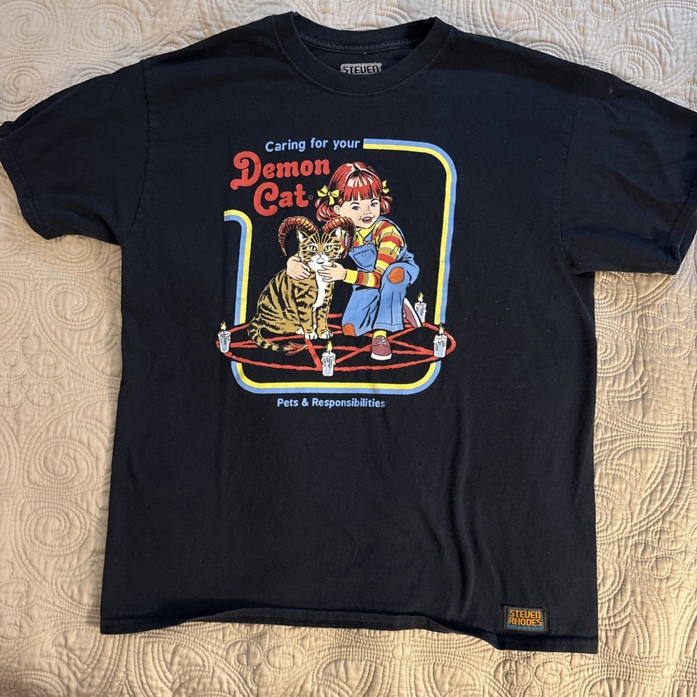 Steven Rhodes Caring For Your Demon Cat Tee Shirt Top Adult Size L Black Gothic